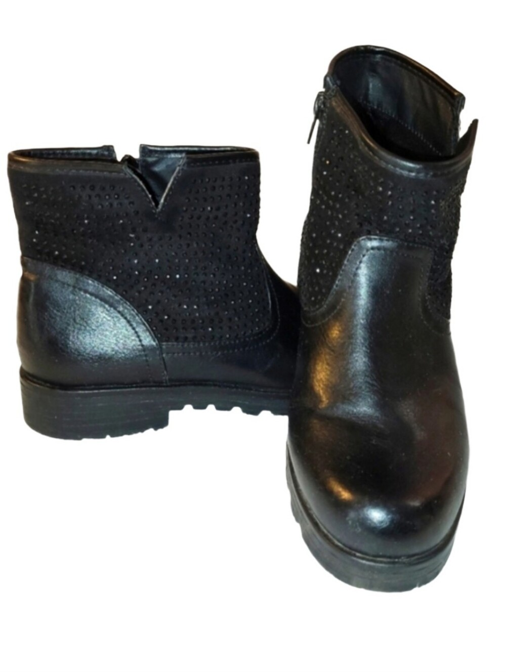 Black Rhinestone Embellished Ankle Booties Chunky Block Heel Sparkle Sz9 40 EU